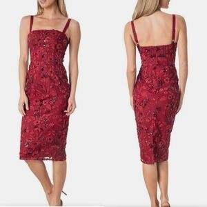 Dress The Population Ynez Red Floral Embellished Beaded Sequin Sexy Midi Dress S